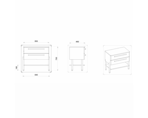 Dessin d''un meuble sous-vasque avec deux tiroirs et dimensions