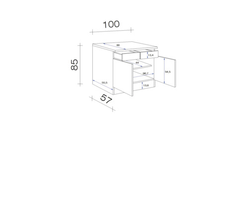 Dessin technique d''un meuble bas avec tiroirs et portes, y compris les dimensions