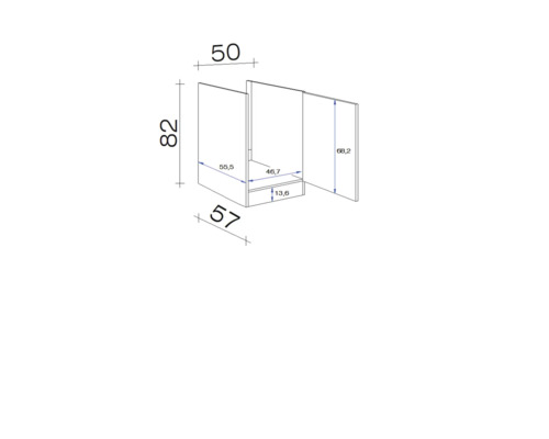 Schéma technique d''un meuble bas de salle de bain avec dimensions.
