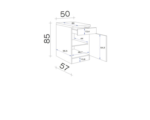 Schéma technique d''un meuble bas avec tiroir, porte et dimensions