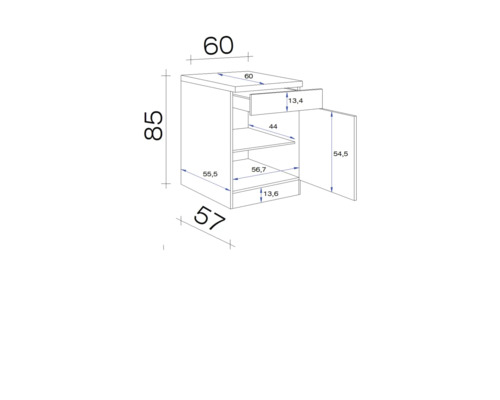 Dessin technique d''un meuble bas avec tiroir, étagères et porte avec dimensions