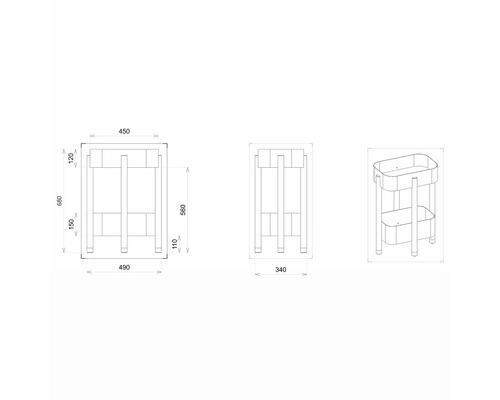 Technische Zeichnung eines Servierwagens mit Maßangaben