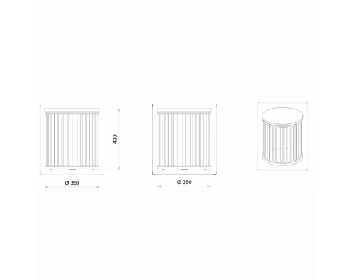 Technische Zeichnung eines runden Beistelltisches mit den Massen 350 mal 430 Millimeter.