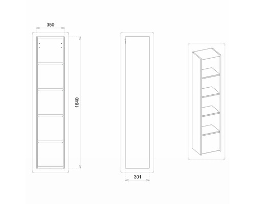 Schéma technique d''une étagère avec cinq compartiments et dimensions
