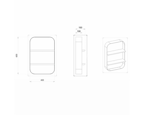 Dessin technique d''une étagère murale avec deux tablettes et des coins arrondis