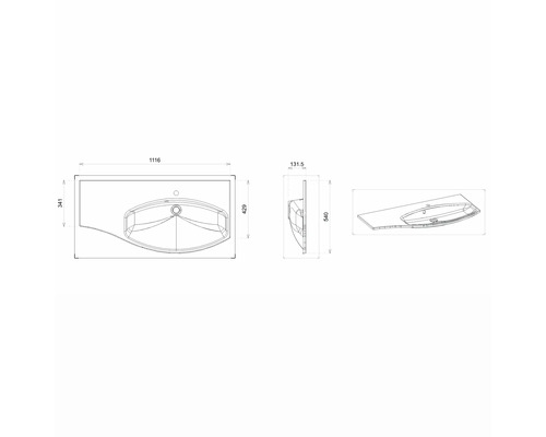 Technische Zeichnung eines Waschtisches mit Massangaben.