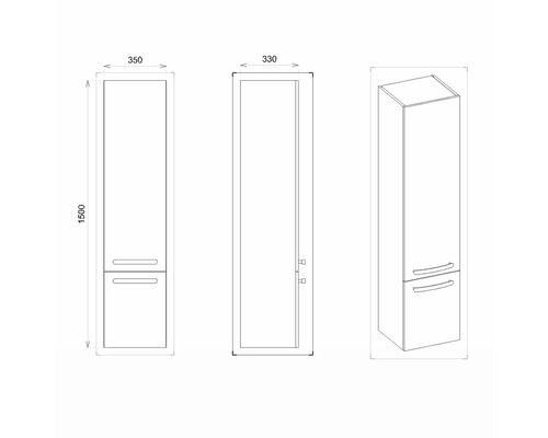 Technische Zeichnung eines Badezimmer-Hochschranks mit den Maßen 350 x 330 x 1500 mm.