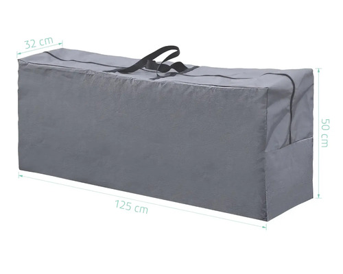 Housse de protection grise pour coffres de jardin avec poignées et dimensions 125 x 32 x 50 cm