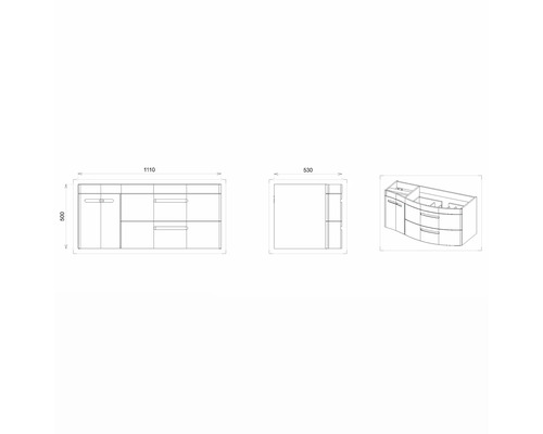 Dessin technique d''un meuble sous-lavabo avec dimensions.