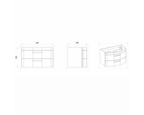 Dessin technique d''un meuble sous-lavabo avec tiroirs et dimensions.