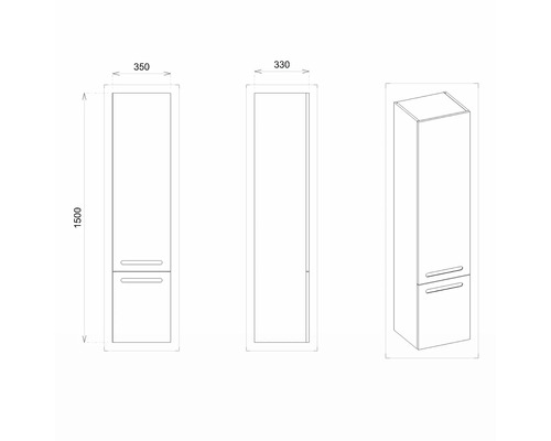Technische Zeichnung eines Badezimmer Hochschranks mit den Maßen 350 x 330 x 1500 mm.