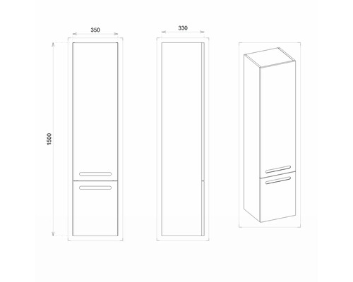 Technische Zeichnung eines Hochschranks mit den Maßen 350 x 330 x 1500 Millimeter.