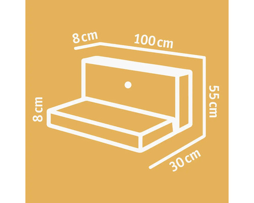 Dessin technique d''un banc pliant mural avec des dimensions de 100 x 55 x 30 cm.