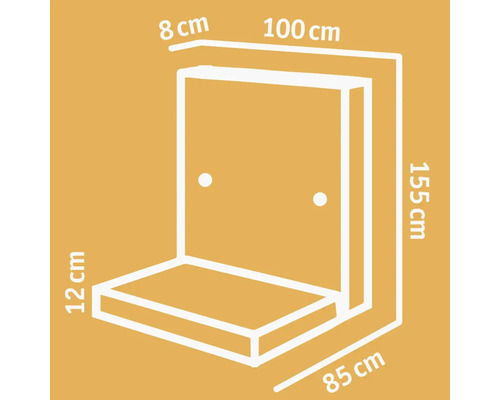 Schéma coté d''un tabouret : 100 cm de large, 85 cm de profondeur, 155 cm de haut.