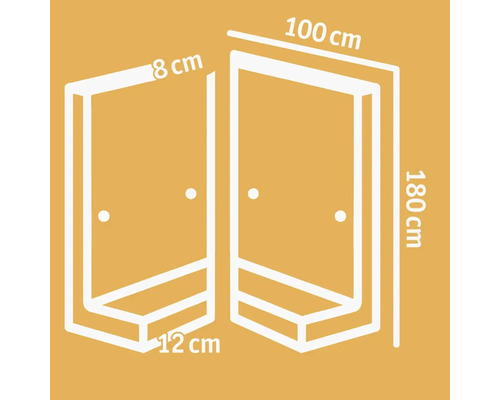 Schéma technique d''une cabine de douche avec dimensions : 180 cm de hauteur, 100 cm de largeur, 8 cm et 12 cm de profondeur