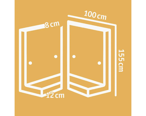 Schéma technique d''une cabine de douche avec dimensions : 100 cm de largeur, 155 cm de hauteur, 8 cm de profondeur, 12 cm de fond