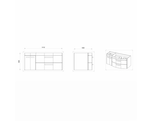 Schéma technique d''un meuble sous-vasque avec dimensions
