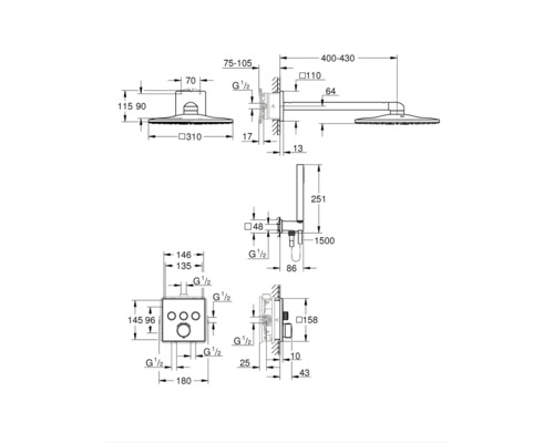 Schéma technique d''un robinet de douche avec indications de mesure