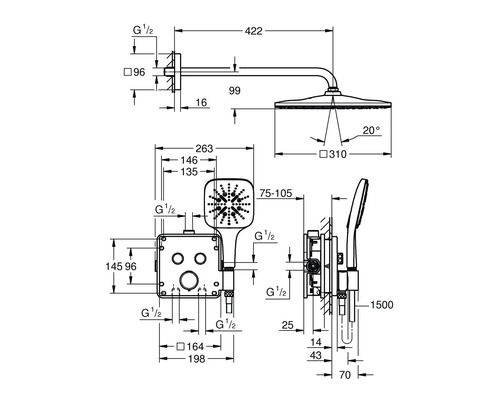 Masszeichnung eines Duschsystems mit Kopfbrause, Handbrause und Thermostatbatterie mit Massangaben