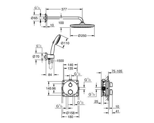 Schéma technique d''un ensemble de douche avec dimensions