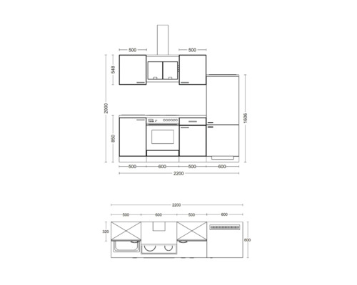 Plan coté d''une cuisine avec meubles bas, meubles hauts et appareils électriques avec cotes