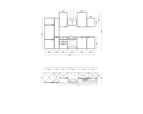 Technische Zeichnung einer Küchenzeile mit Maßen.