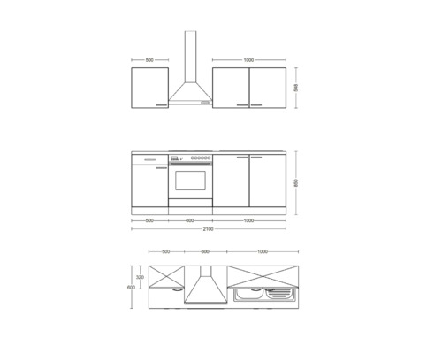 Dessin technique d''une cuisine équipée avec dimensions.