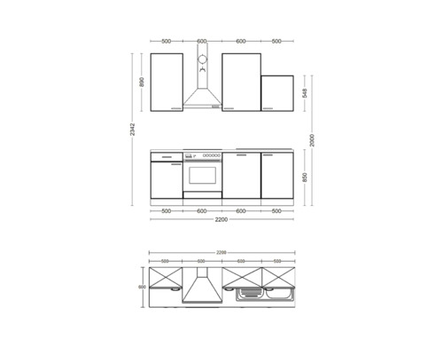 Plan de cuisine avec les dimensions des meubles bas, des meubles hauts et de la hotte aspirante