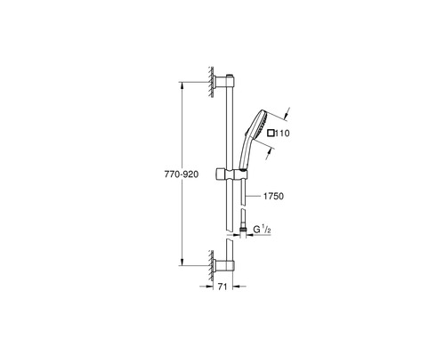 Dessin technique d''une barre de douche avec douchette et indications de dimensions.