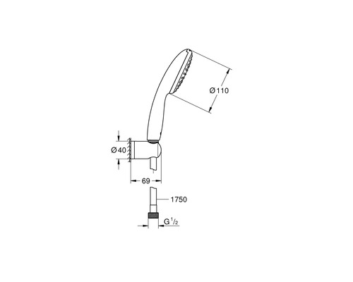Technische Zeichnung einer Handbrause mit Massangaben