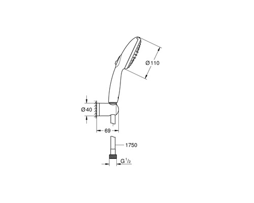 Schéma technique d''une douchette à main avec indications de mesure