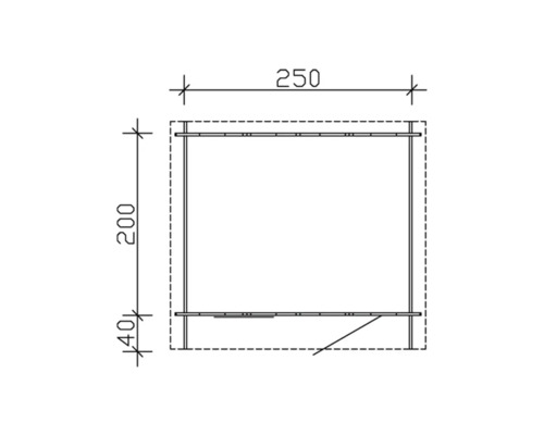 Dessin technique d''un coffre de jardin avec des dimensions de 250 x 200 x 40 cm