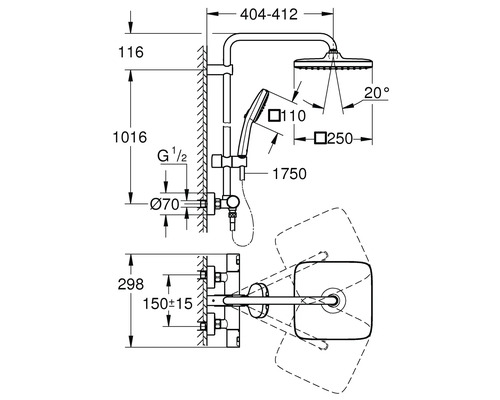 Schéma technique d''un système de douche avec dimensions.