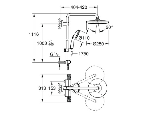 Technische Zeichnung eines Duschsystems mit Massangaben