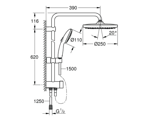 Technische Zeichnung einer Duschgarnitur mit Maßen