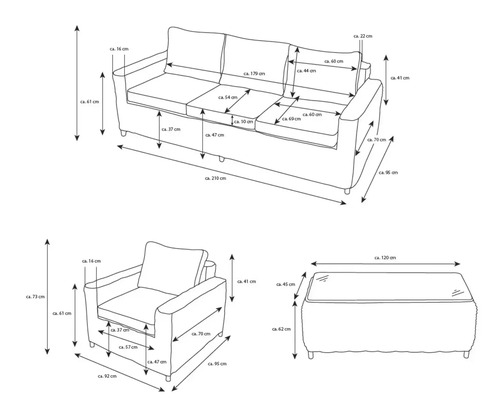 Masse von Sofa, Sessel und Hocker