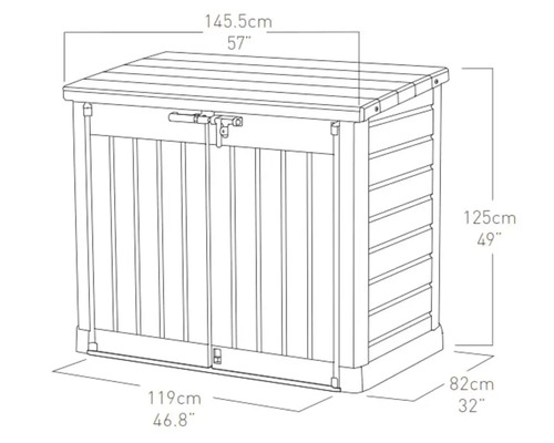 Umrisszeichnung einer Gartenbox mit Maßangaben