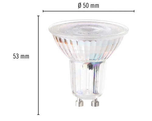 GU10 Leuchtmittel mit den Maßen 50 Millimeter Durchmesser und 53 Millimeter Länge