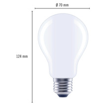 Abbildung einer Glühbirne mit den Maßen 70 Millimeter Durchmesser und 124 Millimeter Höhe.