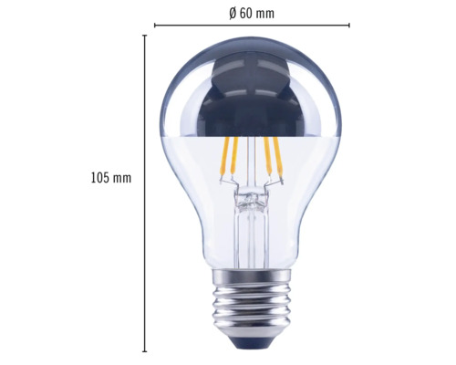 Image d''une lampe LED, forme d''ampoule, avec des dimensions de 60 millimètres de diamètre et 105 millimètres de hauteur