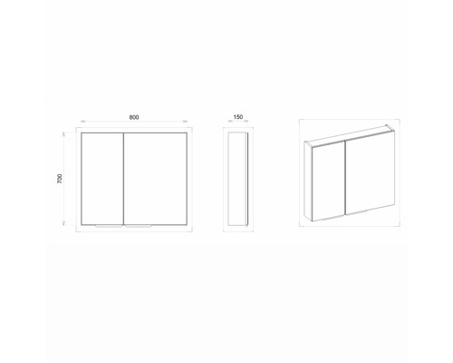 Dessin technique d''une armoire de toilette avec des dimensions de 800 x 700 x 150 millimètres.