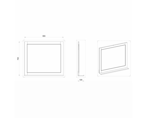 Technische Zeichnung eines Spiegels mit Regal, Breite 800 Millimeter, Höhe 700 Millimeter, Tiefe 120 Millimeter