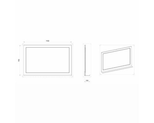 Schéma technique d''un miroir rectangulaire mesurant 1100 x 700 x 120 millimètres.