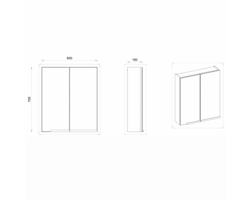 Schéma technique d''une armoire de toilette avec les dimensions 600 x 700 x 160 mm