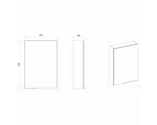 Schéma technique d''une armoire de salle de bain avec les dimensions 475, 160 et 700 millimètres.