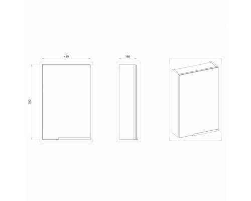 Dessin technique d''une armoire de salle de bains mesurant 450 mm de large, 700 mm de haut et 160 mm de profondeur.
