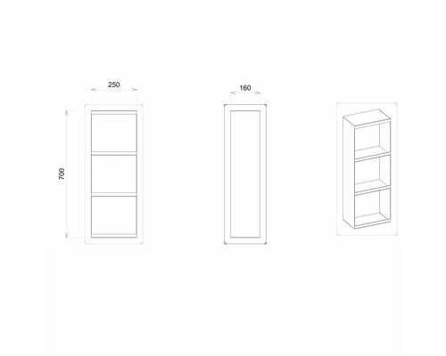 Dessin technique d''une étagère à trois compartiments avec dimensions.