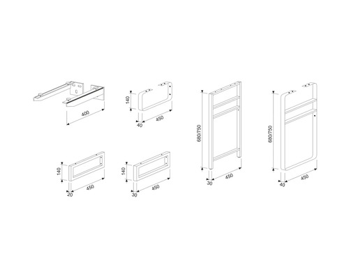 Dessin technique de différents porte-serviettes avec indications de dimensions