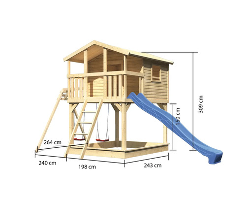Spielhaus aus Holz mit Rutsche, Sandkasten und Schaukel sowie Maßangaben