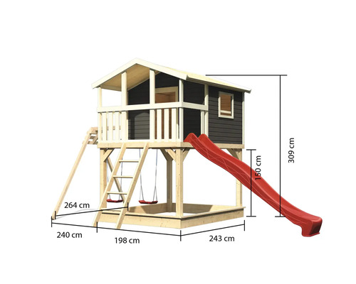 Spielhaus aus Holz mit Rutsche und Schaukel mit Maßangaben